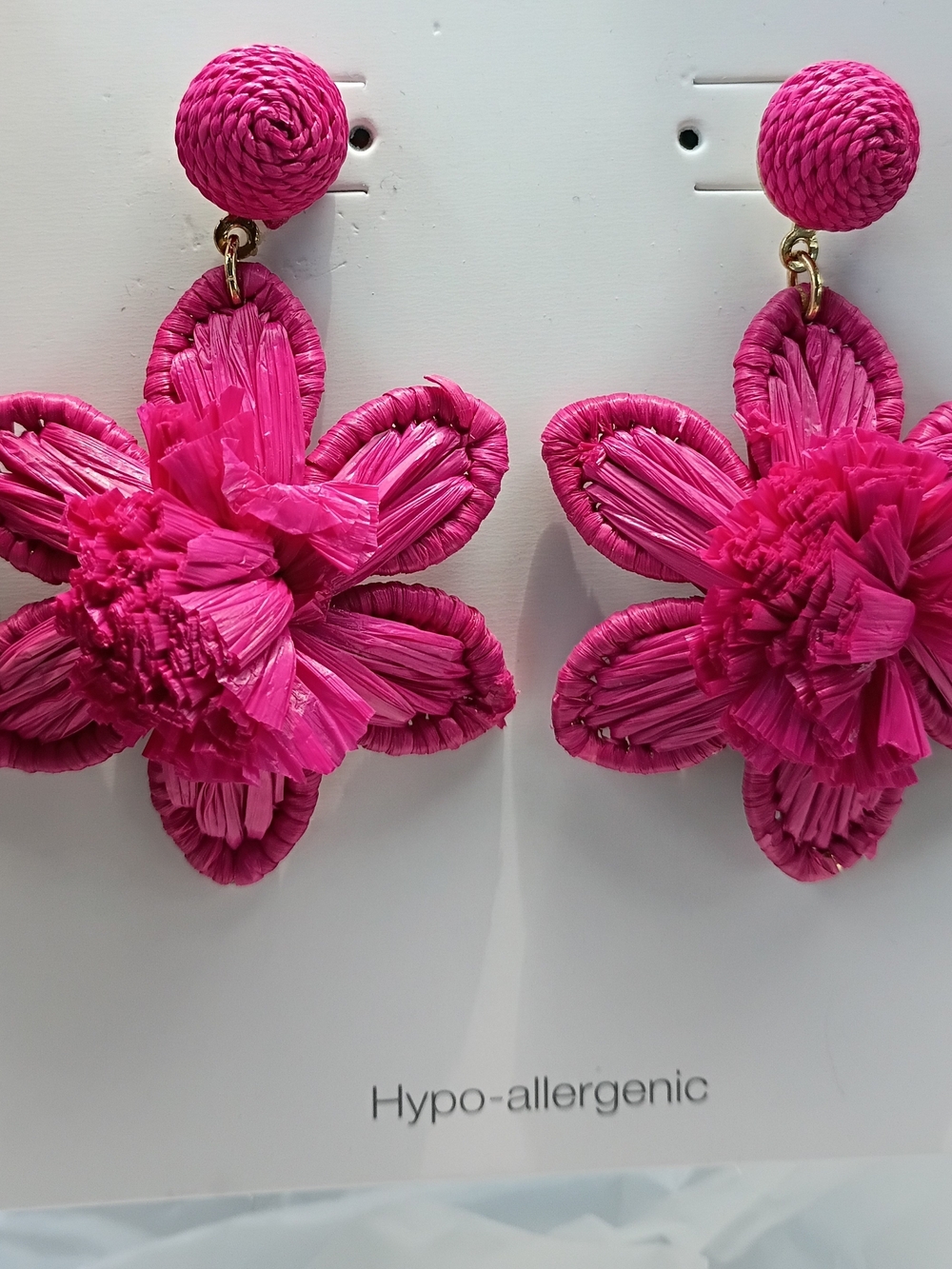 Bright Pink Floral Raffia Drop Earrings